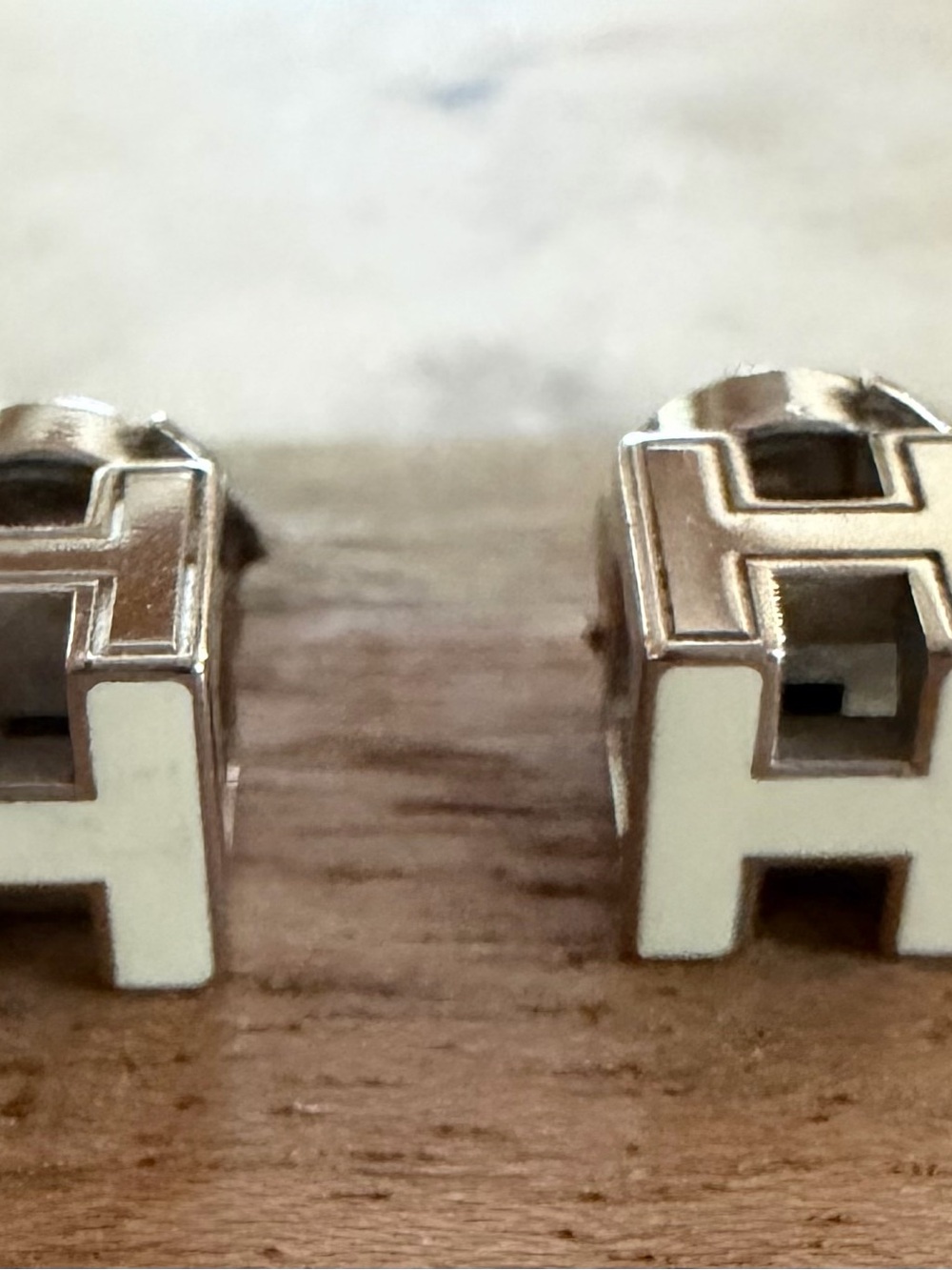 Hermes White and Silver H Logo Stud Earrings
